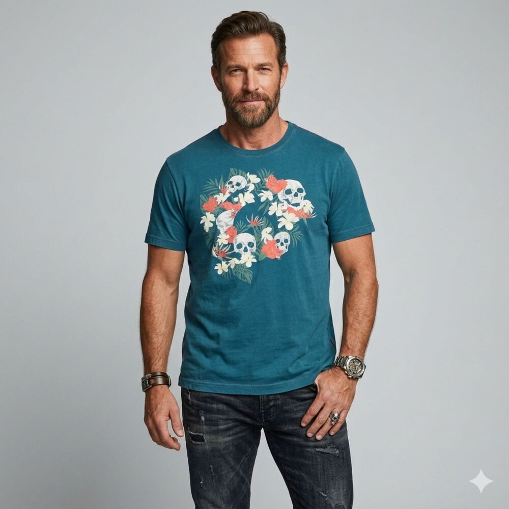 Robert Graham Skull and Flowers Men's T Shirt 3XL Teal Cotton